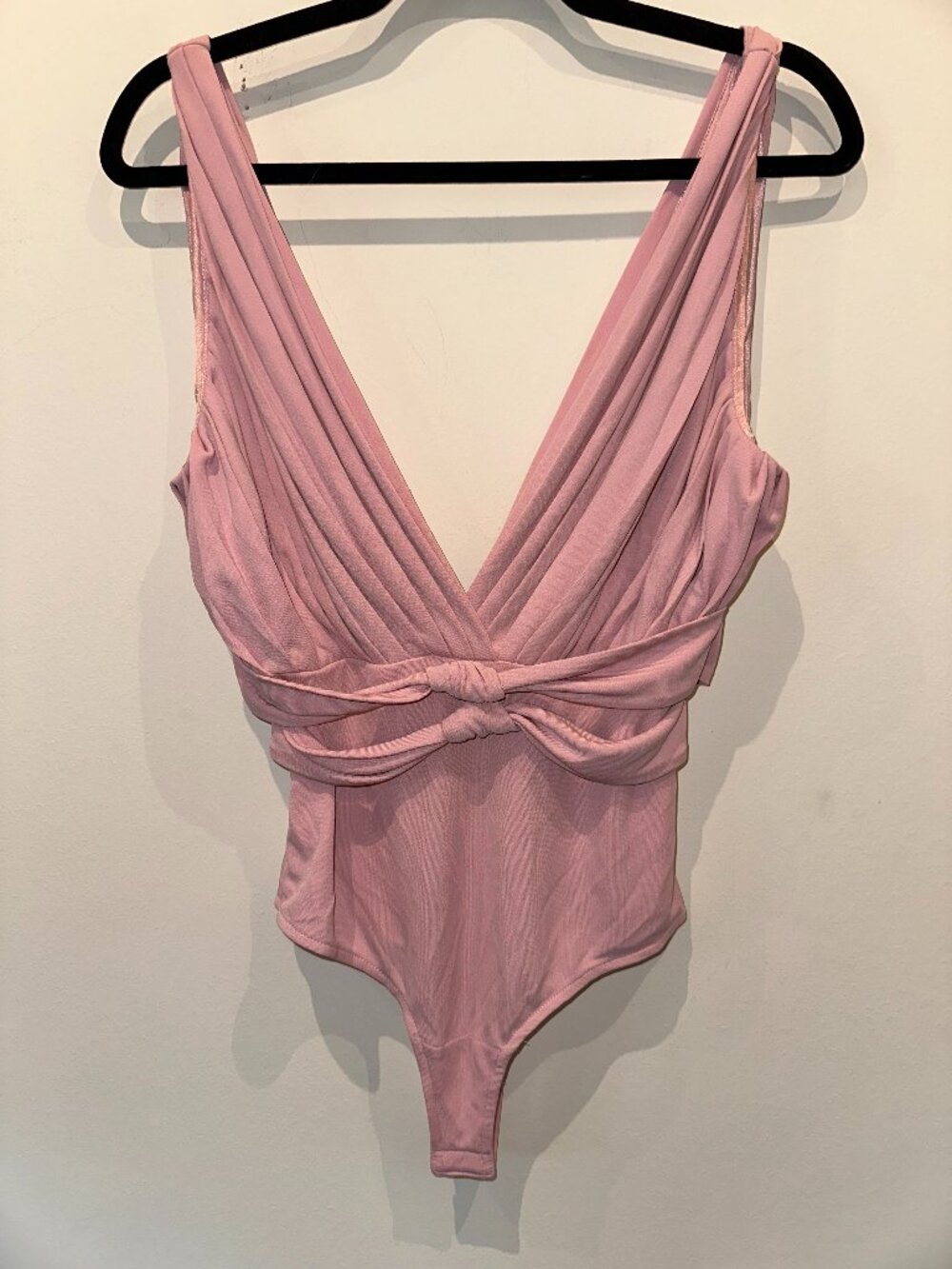 Bebe Pink Plunging V-Neck Knotted Bodysuit Sleeveless